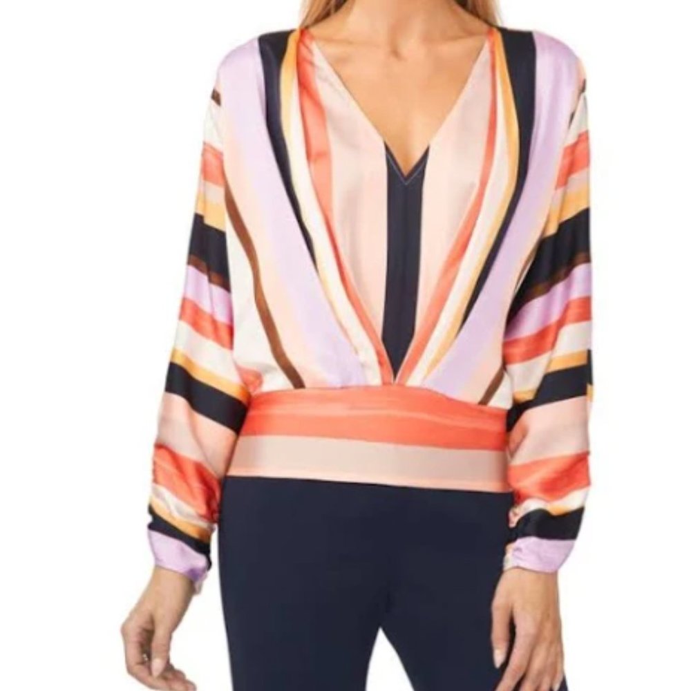 Halogen Stripe Wide Band Blouse in Sunset Stripe Coral Size Large